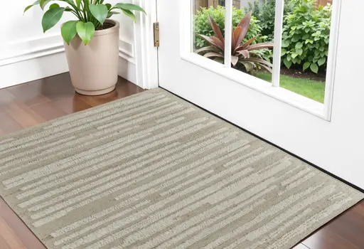 2' X 3' White and Tan Wool Striped Hand Woven Area Rug