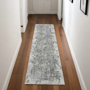 8' Gray and Ivory Abstract Power Loom Worn Faded Runner Rug
