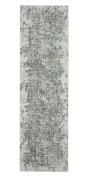 8' Gray and Ivory Abstract Power Loom Worn Faded Runner Rug