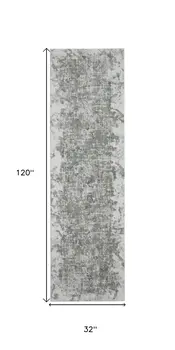 8' Gray and Ivory Abstract Power Loom Worn Faded Runner Rug