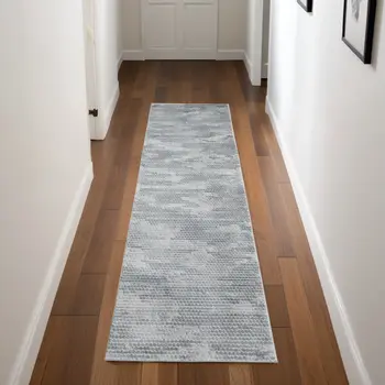 8' Gray and Blue Abstract Power Loom Runner Rug