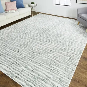 8' Ivory Gray and Green Abstract Power Loom Worn Faded Runner Rug