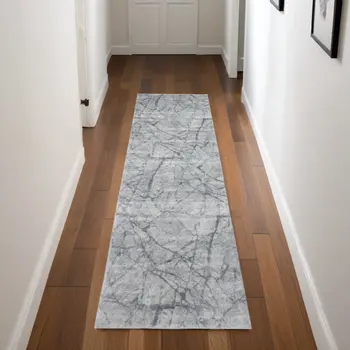 8' Gray and Ivory Abstract Power Loom Worn Faded Runner Rug