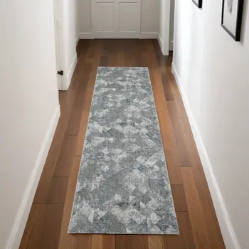 8' Ivory Gray and Green Abstract Power Loom Worn Faded Runner Rug