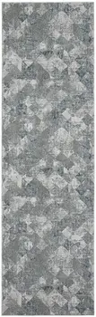 8' Ivory Gray and Green Abstract Power Loom Worn Faded Runner Rug
