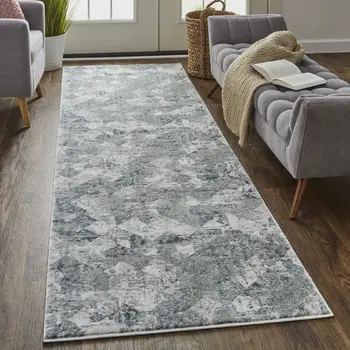 8' Ivory Gray and Green Abstract Power Loom Worn Faded Runner Rug