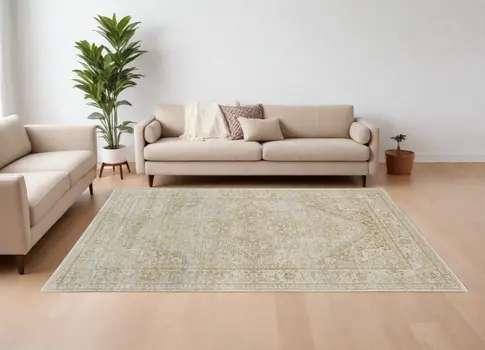 8' X 10' Ivory and Gold Oriental Power Loom Area Rug