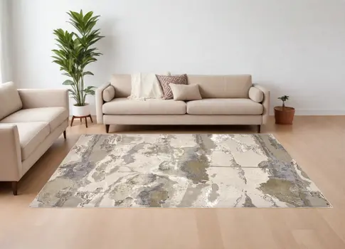 8' X 10' Ivory Brown and Gray Abstract Power Loom Area Rug