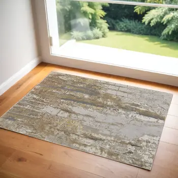 2' X 3' Ivory Gray and Brown Abstract Power Loom Area Rug