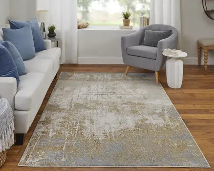 10' X 13' Ivory Gray and Brown Abstract Power Loom Worn Faded Area Rug