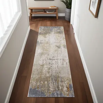 8' Ivory Gray and Brown Abstract Power Loom Worn Faded Runner Rug