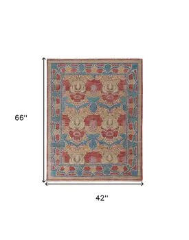 4' X 6' Blue Red and Yellow Wool Oriental Hand Knotted Area Rug