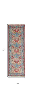 8' Blue Red and Yellow Wool Oriental Hand Knotted Runner Rug