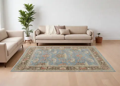 8' X 10' Brown and Blue Wool Oriental Hand Knotted Area Rug