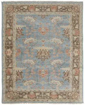 9' X 13' Brown and Blue Wool Oriental Hand Knotted Area Rug