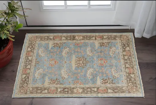 2' X 3' Brown and Blue Wool Oriental Hand Knotted Area Rug