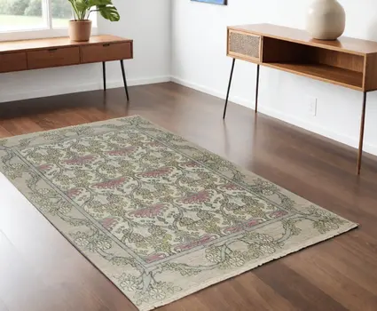 4' X 6' Ivory Gray and Pink Wool Floral Hand Knotted Area Rug