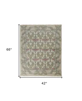 4' X 6' Ivory Gray and Pink Wool Floral Hand Knotted Area Rug