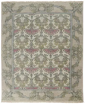 8' X 10' Ivory Gray and Pink Wool Floral Hand Knotted Area Rug