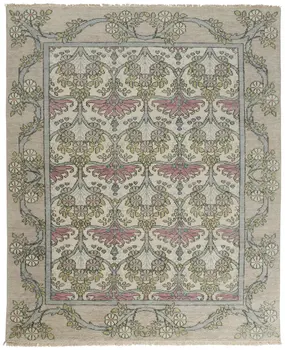8' X 12' Ivory Gray and Pink Wool Floral Hand Knotted Area Rug