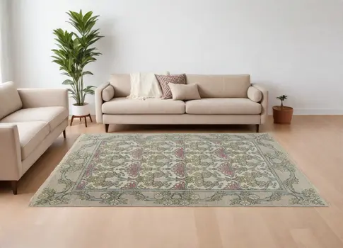 9' X 13' Ivory Gray and Pink Wool Floral Hand Knotted Area Rug