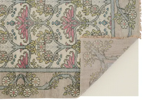 9' X 13' Ivory Gray and Pink Wool Floral Hand Knotted Area Rug