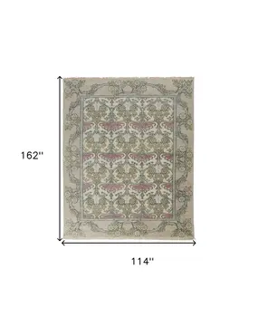 9' X 13' Ivory Gray and Pink Wool Floral Hand Knotted Area Rug