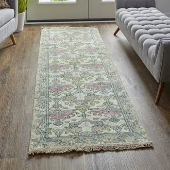 8' Ivory Gray and Pink Wool Floral Hand Knotted Runner Rug