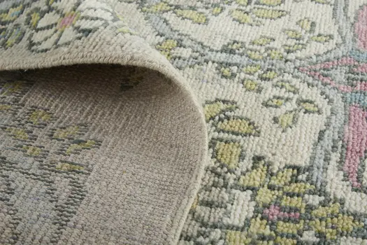 8' Ivory Gray and Pink Wool Floral Hand Knotted Runner Rug