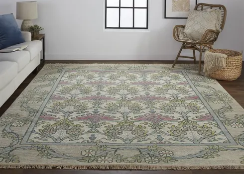 8' Ivory Gray and Pink Wool Floral Hand Knotted Runner Rug