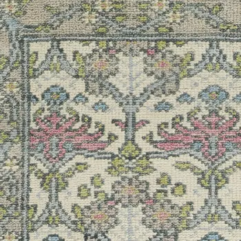 8' Ivory Gray and Pink Wool Floral Hand Knotted Runner Rug