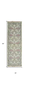 8' Ivory Gray and Pink Wool Floral Hand Knotted Runner Rug