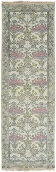 8' Ivory Gray and Pink Wool Floral Hand Knotted Runner Rug