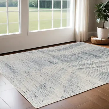 3' X 5' Ivory Gray and Blue Abstract Hand Knotted Worn Faded Area Rug