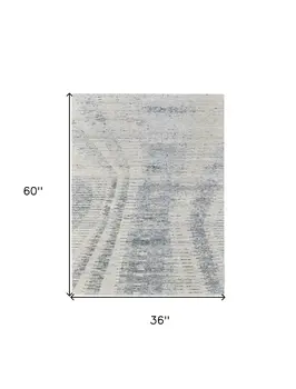3' X 5' Ivory Gray and Blue Abstract Hand Knotted Worn Faded Area Rug