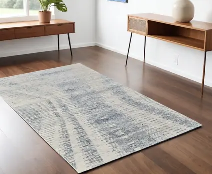4' X 6' Ivory Gray and Blue Abstract Hand Knotted Worn Faded Area Rug