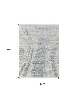 4' X 6' Ivory Gray and Blue Abstract Hand Knotted Worn Faded Area Rug