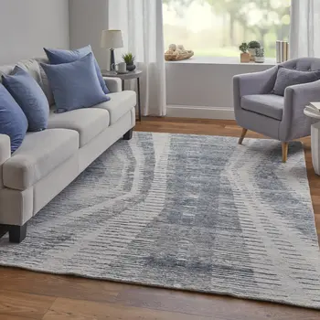 6' X 9' Ivory Gray and Blue Abstract Hand Knotted Worn Faded Area Rug