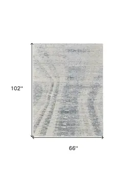 6' X 9' Ivory Gray and Blue Abstract Hand Knotted Worn Faded Area Rug
