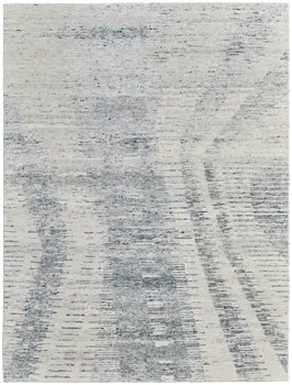 6' X 9' Ivory Gray and Blue Abstract Hand Knotted Worn Faded Area Rug