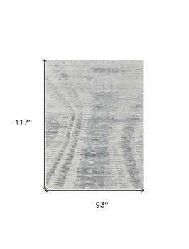 8' X 10' Ivory Gray and Blue Abstract Hand Knotted Worn Faded Area Rug