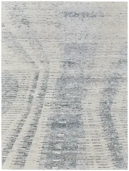 8' X 12' Ivory Gray and Blue Abstract Hand Knotted Worn Faded Area Rug