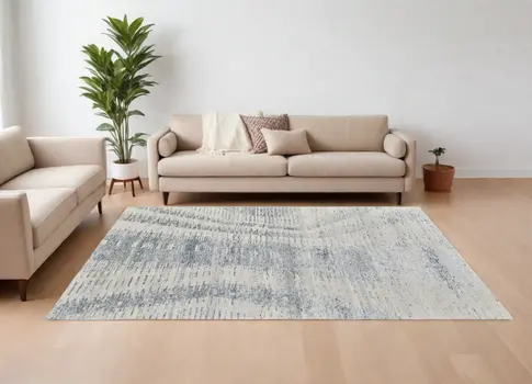 12' X 15' Ivory Gray and Blue Abstract Hand Knotted Worn Faded Area Rug