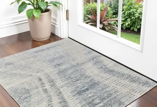 2' X 3' Ivory Gray and Blue Abstract Hand Knotted Worn Faded Area Rug