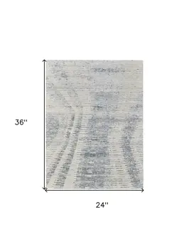 2' X 3' Ivory Gray and Blue Abstract Hand Knotted Worn Faded Area Rug
