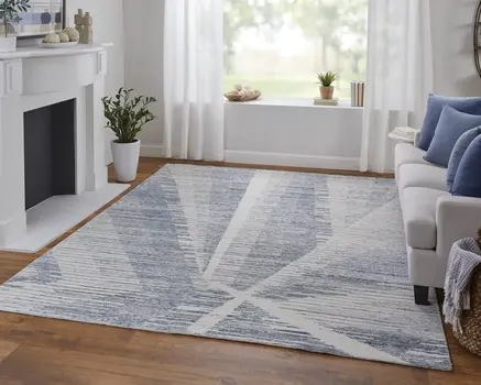 3' X 5' Ivory and Blue Abstract Hand Knotted Worn Faded Area Rug