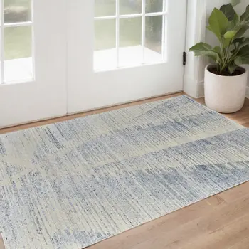 3' X 5' Ivory and Blue Abstract Hand Knotted Worn Faded Area Rug