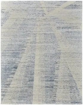 6' X 9' Ivory and Blue Abstract Hand Knotted Worn Faded Area Rug