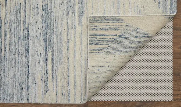8' X 10' Ivory and Blue Abstract Hand Knotted Worn Faded Area Rug