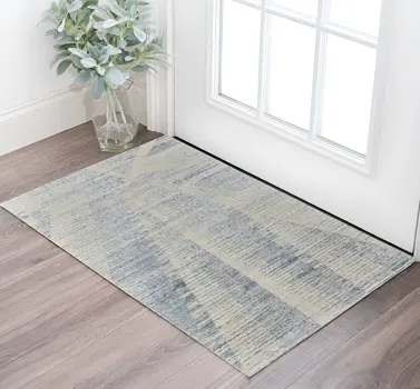 2' X 3' Ivory and Blue Abstract Hand Knotted Worn Faded Area Rug